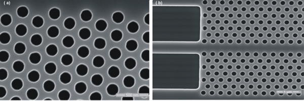 (a) Photonic crystals of 300nm pitch and 180nm hole  dia  and (b) W1 photonic crystal waveguide  fabricated by 193nm lithography technology.